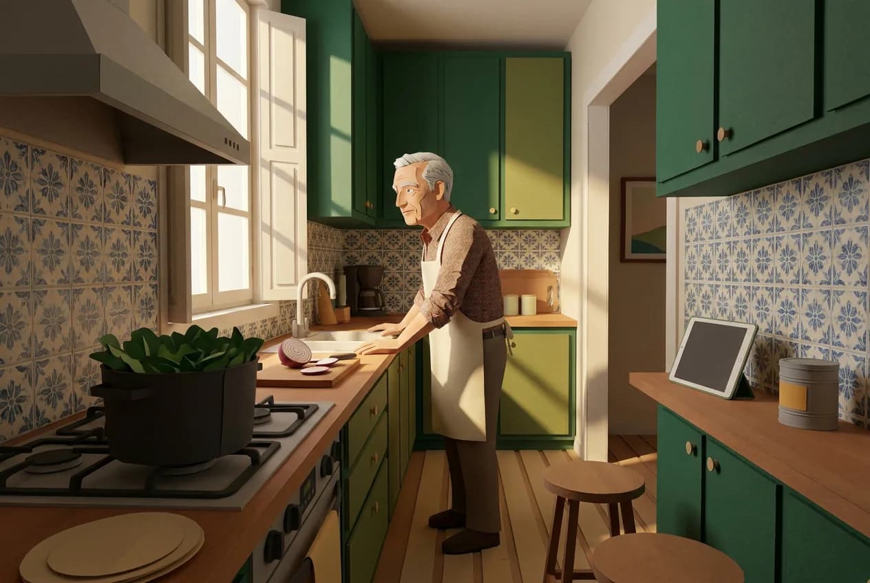 An older man alone in a narrow tiled galley kitchen in Porto, two stools at the counter, one of them empty.
